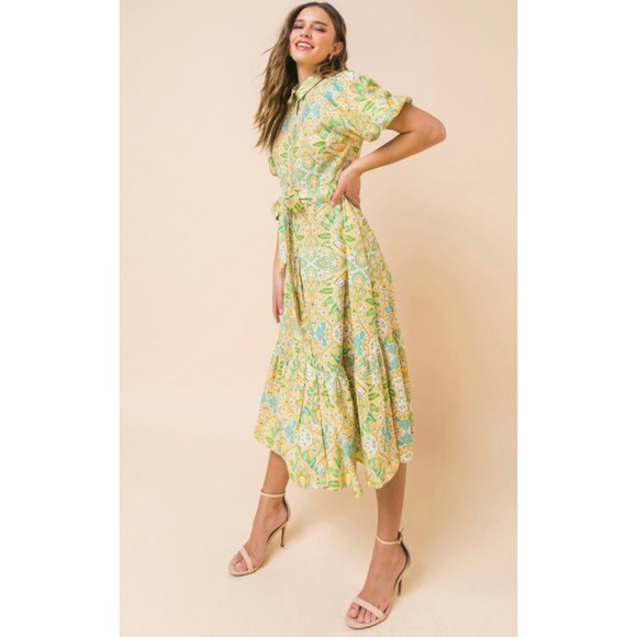 Flying Tomato Paisley Print Tie Waist Ruffle Hem Midi Dress - Picture 3 of 6